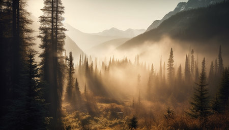 Majestic mountain range, tranquil scene, back lit by sunrise generated by artificial intelligenceの素材