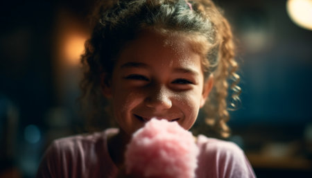 Cute girl enjoying sweet summer snack, smiling and playful outdoors generated by artificial intelligenceの素材