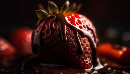 Fresh berry dessert chocolate dipped strawberries, raspberries, blueberries on plate generated by artificial intelligenceの素材