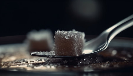 Crystal sugar cube on metal spoon, salt and spice heap generated by artificial intelligenceの素材