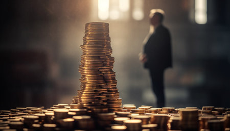 Successful businessman holding glowing gold coin, symbolizing wealth and growth generated by artificial intelligenceの素材