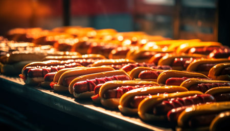 Grilled beef hot dog, sweet candy, baked pastry item indulgence generated by artificial intelligenceの素材