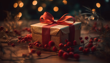 Shiny gift box with Christmas decoration on rustic wooden table generated by artificial intelligenceの素材