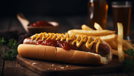 Grilled beef and hot dog with French fries, ketchup, and cola generated by artificial intelligenceの素材