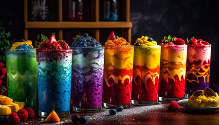 Vibrant summer celebration with colorful fruit, gourmet desserts, and cocktails generated by artificial intelligenceの素材