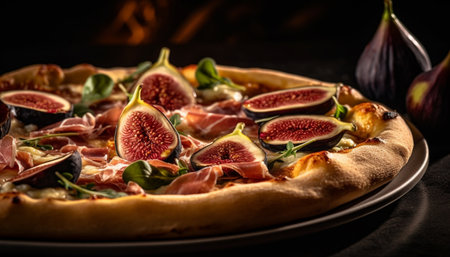 Freshly baked gourmet pizza with prosciutto, fig, and mozzarella slice generated by artificial intelligenceの素材