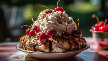 Indulgent homemade dessert Berry cheesecake with whipped cream and chocolate sauce generated by artificial intelligenceの素材