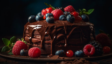 Indulgent gourmet dessert dark chocolate cheesecake with raspberry and blueberry generated by artificial intelligenceの素材