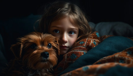 Caucasian child embracing small terrier puppy, both smiling with happiness generated by artificial intelligenceの素材