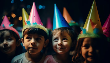 Smiling children enjoy a fun birthday party with colorful decorations generated by artificial intelligenceの素材
