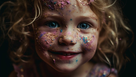 Smiling Caucasian girl with curly hair enjoys wet party fun generated by artificial intelligenceの素材
