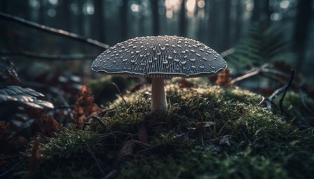 Spotted toadstool growth on wet forest leaf, macro close up generated by artificial intelligenceの素材