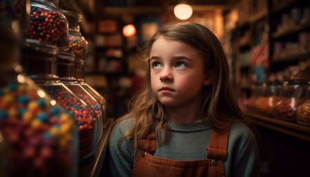 Cute Caucasian girl smiling, standing in store holding sweet jar generated by artificial intelligenceの素材