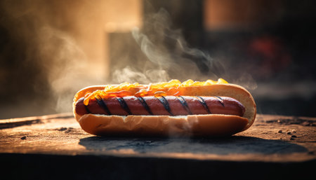 Grilled meat and hot dog on a barbecue flame, summer refreshment generated by artificial intelligenceの素材