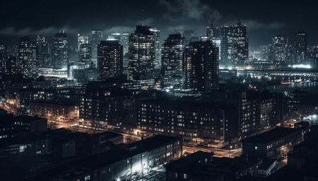 Glowing cityscape with skyscrapers and modern architecture illuminated at dusk generated by artificial intelligenceの素材