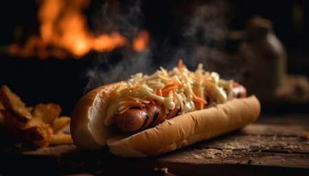 Grilled meat on wood, cooked to perfection, rustic and homemade generated by artificial intelligenceの素材