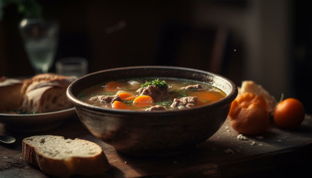 Fresh homemade vegetable stew with organic meat and rustic bread generated by artificial intelligenceの素材