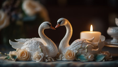 Swan love a romantic wedding celebration with elegant decoration generated by artificial intelligenceの素材