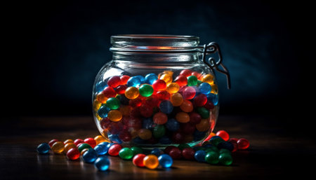 Multi colored candy jar on wood table with sweet decorations generated by artificial intelligenceの素材