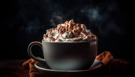 Hot chocolate indulgence on rustic table with whipped cream topping generated by artificial intelligenceの素材