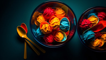 Gourmet dessert in a blue bowl with multi colored petals generated by artificial intelligenceの素材
