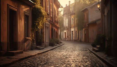 Medieval Gothic architecture illuminates old town narrow cobblestone footpath at twilight generated by artificial intelligenceの素材