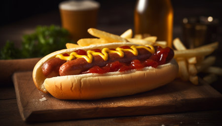 Grilled hot dog on bun with ketchup, fries, and cola generated by artificial intelligenceの素材