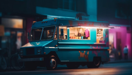 Old fashioned bus speeds through city streets, illuminating nightlife and architecture generated by artificial intelligenceの素材