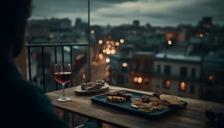 Gourmet meal, sweet dessert, wine, and cityscape create celebration ambiance generated by artificial intelligenceの素材
