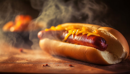 Grilled beef hot dog on bun, a classic American snack generated by artificial intelligenceの素材
