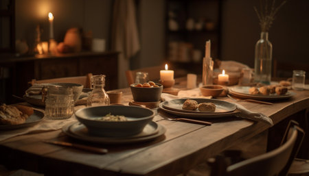 Candle burning bright, illuminating rustic table in cozy home interior generated by artificial intelligenceの素材