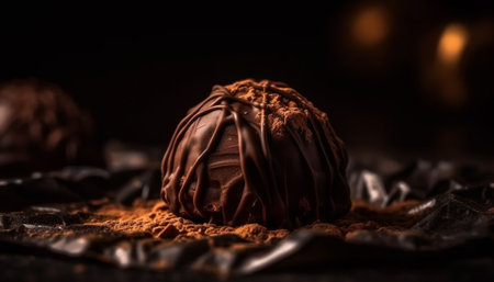 Dark chocolate truffle stack, a gourmet indulgence on rustic wood generated by artificial intelligenceの素材