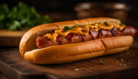 Grilled beef hot dog on a bun with ketchup and onion generated by artificial intelligenceの素材