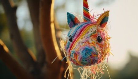 Colorful toy horse head decoration in green grass with vibrant colors generated by artificial intelligenceの素材