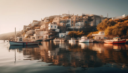 Sailing ship moored at tranquil fishing village waterfront in Africa generated by artificial intelligenceの素材