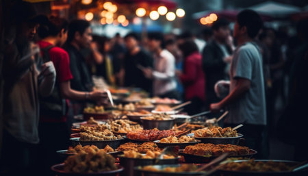 Street market vendor grills meat for crowded night celebration generated by artificial intelligenceの素材