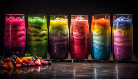 A rainbow of vibrant colors in a fresh fruit cocktail generated by artificial intelligenceの素材