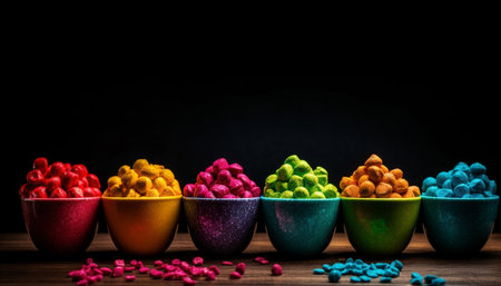 A large bowl of multi colored candy and fruit in abundance generated by artificial intelligenceの素材