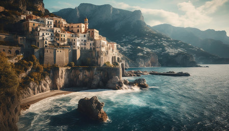 Tranquil coastline showcases majestic cliff and natural beauty in nature generated by artificial intelligenceの素材