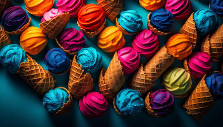 Vibrant colored fashion collection, homemade ice cream cone decoration generated by artificial intelligenceの素材