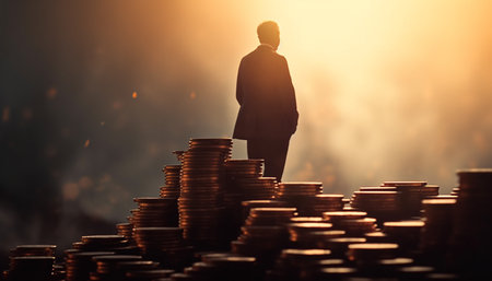 Successful businessman holding currency, standing outdoors, with sunset background generated by artificial intelligenceの素材