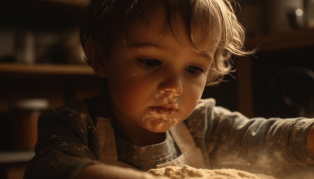 Cute Caucasian toddler learning baking in messy domestic kitchen, enjoying meal generated by artificial intelligenceの素材