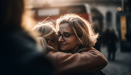 Young adults embrace in nature, smiling with care-free happiness generated by artificial intelligenceの素材