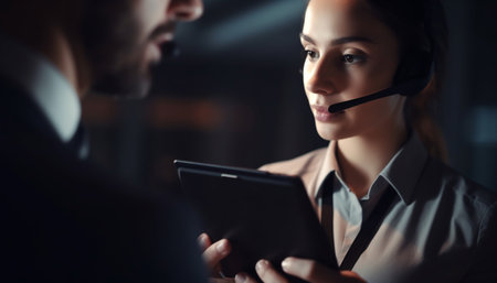 Young adults in corporate business discussing success using technology and teamwork generated by artificial intelligenceの素材