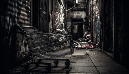 Abandoned store, spooky and dark, rusty metal, broken window, poverty generated by artificial intelligenceの素材
