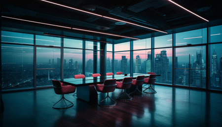 Modern office with glass walls, bright lighting, and empty chairs generated by artificial intelligenceの素材