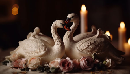 Swan love Romance, elegance, beauty in nature, celebration, wedding generated by artificial intelligenceの素材