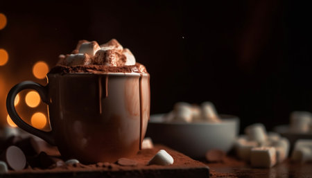 Hot chocolate with marshmallow and dark chocolate cookie on table generated by artificial intelligenceの素材