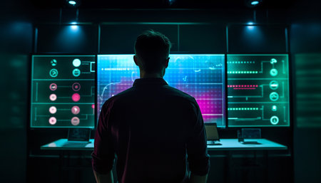 One businessman working on computer, watching data on network server generated by artificial intelligenceの素材