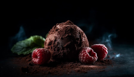 Dark chocolate truffle ball with raspberry and strawberry berry fruit generated by artificial intelligenceの素材